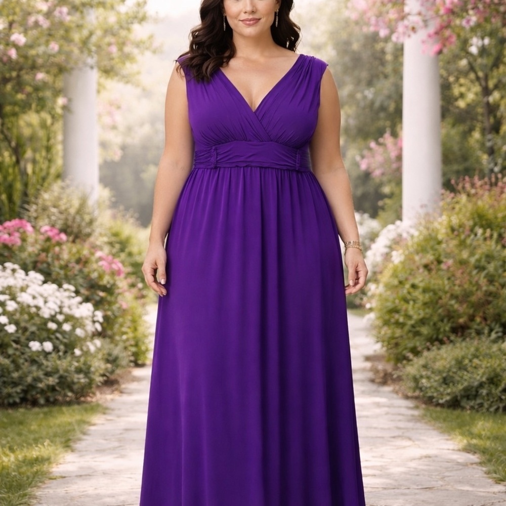 IMAN Purple Maxi Dress Plus Size 1X Short Empire Waist Flowy Elegant Pull On EUC